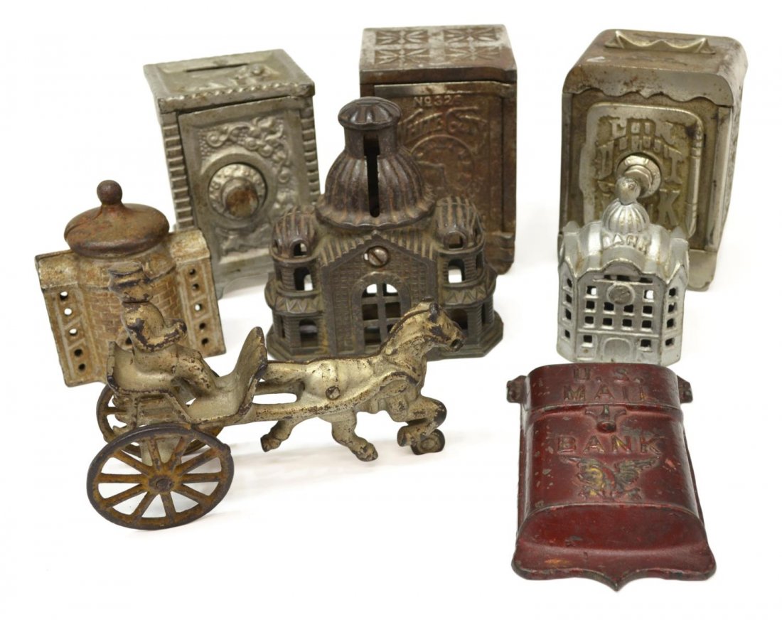 (8) ASSORTMENT OF VINTAGE IRON PIGGY BANKS: (lot of 8) Collection of vintage and other iron banks, comprising (1) Nicol and Co. White City Puzzle Safe, No. 326, (1) Coin Deposit Bank, (1) in the form of a U.S. Mail slot, (1) in the form of a sa