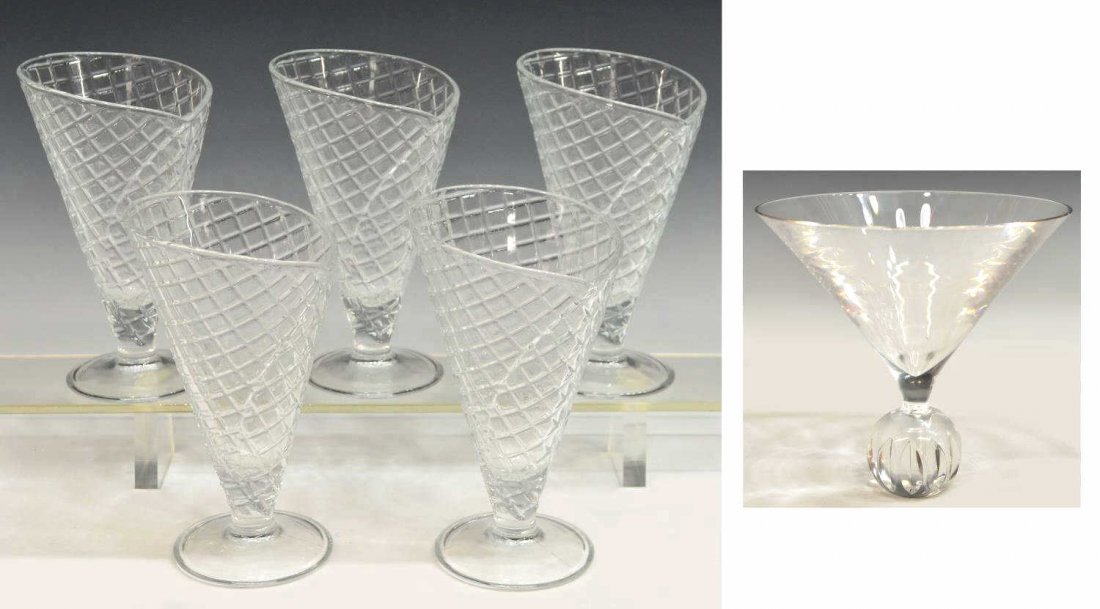 (6) ST. LOUIS CRYSTAL MARTINI GLASS & WAFFLE CUPS: (lot of 6) A Saint-Louis Crystal martini glass, France, acid mark under circular base, 5.5"h; together with (5) Waffle cone sundae parfait glasses, Italy, slight wear, 'Made in Italy' underfoot, 6.5"h