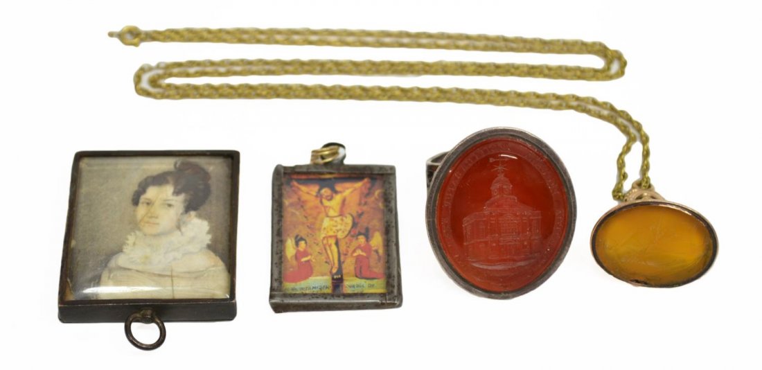 ANTIQUE INTAGLIOS, STAMP 1789, PORTRAIT MINIATURES: (lot of 4) Antique jewelry group: (1) intaglio cut carnelian, set in a large presentation stamp ring with pierced sides, reading verso: "The Gift of Mr. Step.n Twycross to Proprietors of Pentonville C