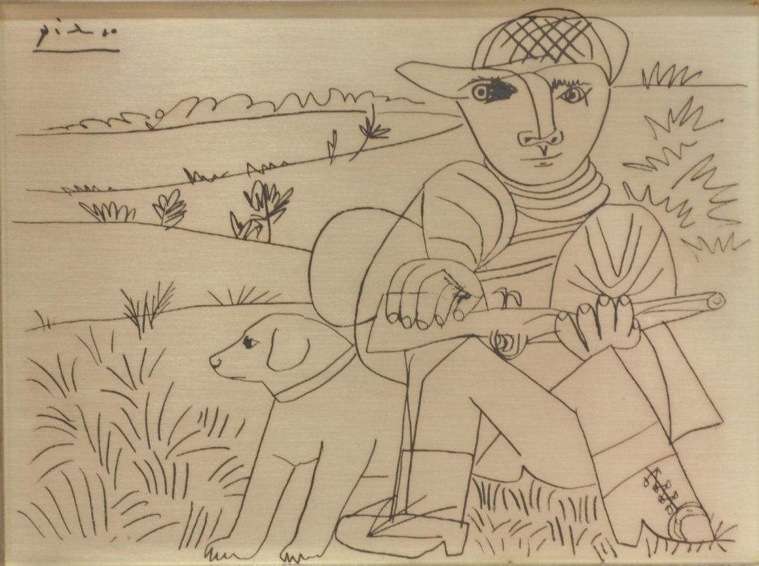 LIMITED EDITION STERLING SILVER ETCHING, PICASSO: Limited edition Franklin Mint sterling silver etched plaque, "The Hunter", after an original by Pablo Picasso (Spanish, 1881-1973), set on a wood back, accompanied by a certificate of authenticity, in