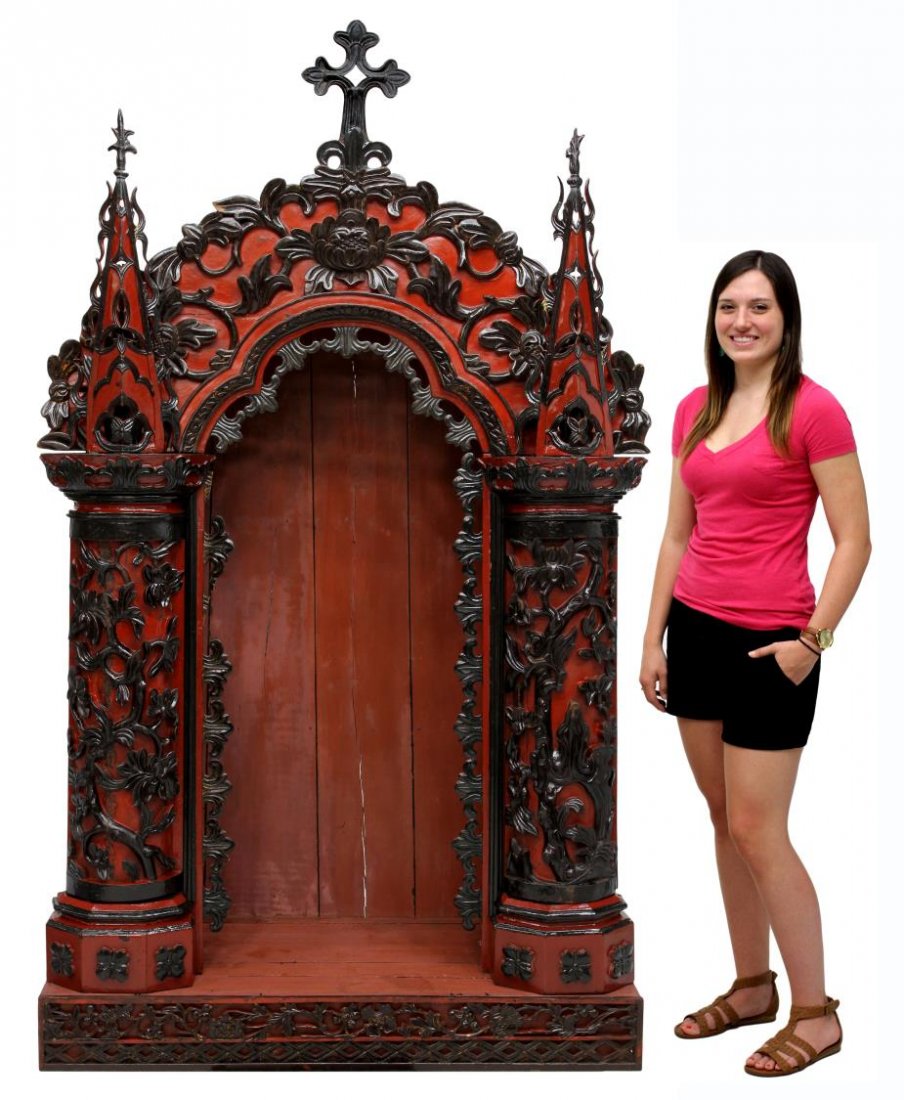LARGE FRENCH COLONIAL RELIGIOUS ALTAR NICHE: French Colonial architectural foliate carved parcel gilt wood altar niche, early 20th c. , finished in red with black accents, 92"h, 53"w, 20"d Start Price: $300.00