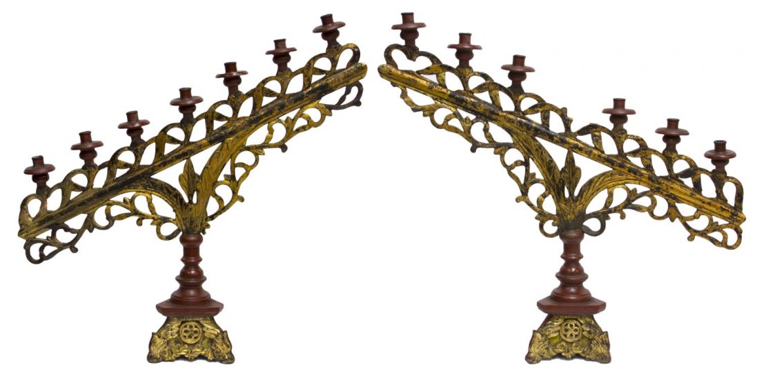 (2) FRENCH COLONIAL GILDED & LACQUER ALTAR LIGHT: (pair) French Colonial lacquered wood altar lights, early 20th c., a row of lights surmounting each foliated base in a parcel gilt finish, turned standard on a tripartite base carved and gilded to one