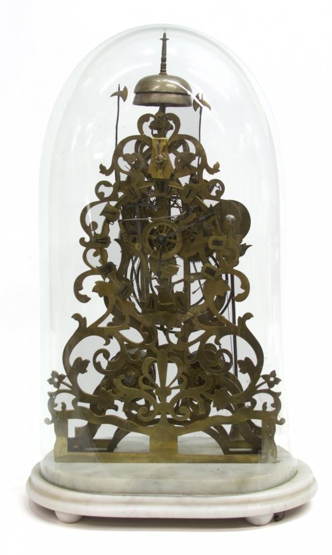 ENGLISH BRASS DOUBLE FUSEE SKELETON CLOCK: English brass double fusee movement skeleton clock, c. 1900, a pierced chapter ring with roman numerals on shield shaped tab, passing bell strike at top, mounted on a marble base, damaged dome with ta