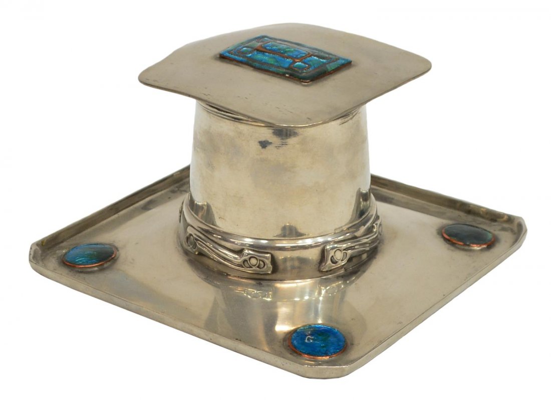ARTS & CRAFTS LIBERTY & CO. ENAMLED PEWTER INKWELL: English Arts & Crafts enameled pewter inkwell, stamped English Pewter, 0141, design by Archibald Knox (1864-1933), Liberty & Company, the hinged rectangular lid with turquoise and green enamel panel,