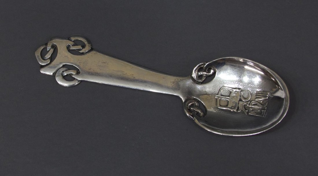 LIBERTY & CO CORONATION SPOON, ARCHIBALD KNOX: English sterling silver Edward VII coronation spoon, Archibald Knox (1864-1933) for Liberty & Co., Birmingham, c. 1901, from the Cymric line, Rd 3914766.5"l, 2.47ozt total **A. J. Tilbrook, The Design