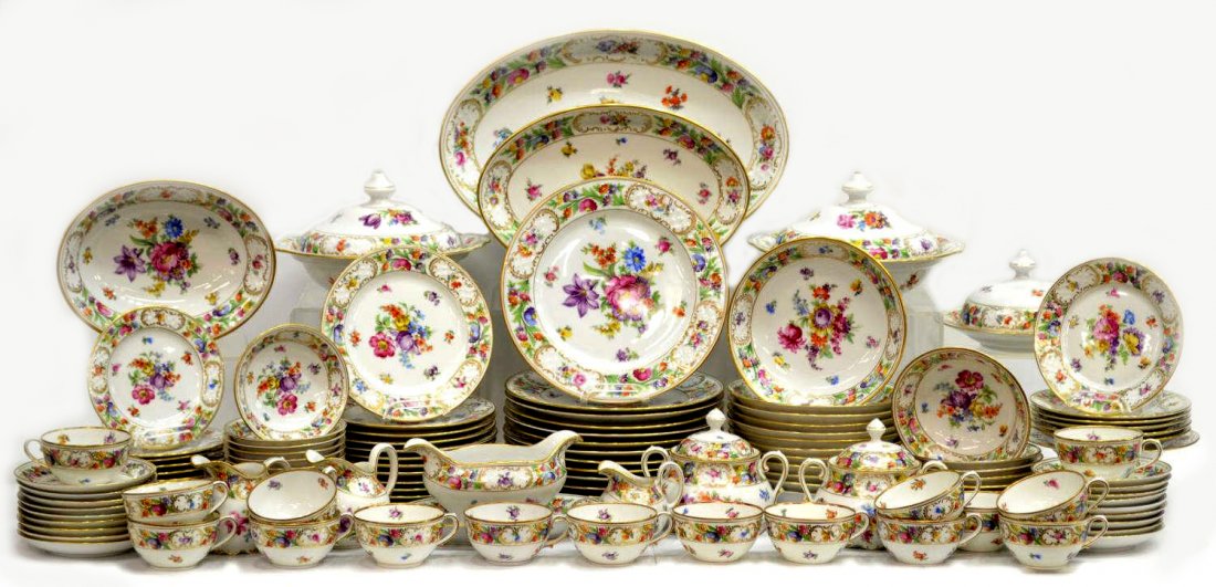 (120) SCHUMANN EMPRESS DRESDEN FLOWERS DINNER SET: (set of 120) Schumann porcelain dinner service, Bavaria, 'Empress Dresden Flowers' pattern, varied marks as pictured, comprising: (12) dinner plates, 10"diam; (12) salad plates, 7.75"diam; (12) bread 