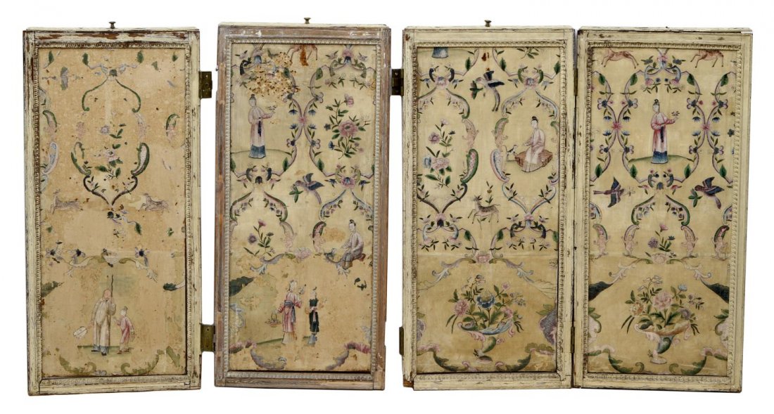 CONTINENTAL FOUR-PANEL SCREEN W/CHINESE SILK: Continental four-panel folding screen, 18th c., each panel having wood frame, hand painted Chinese silk panels in an Asian motif depict various figures in foliated reserves, some holes, discoloration,