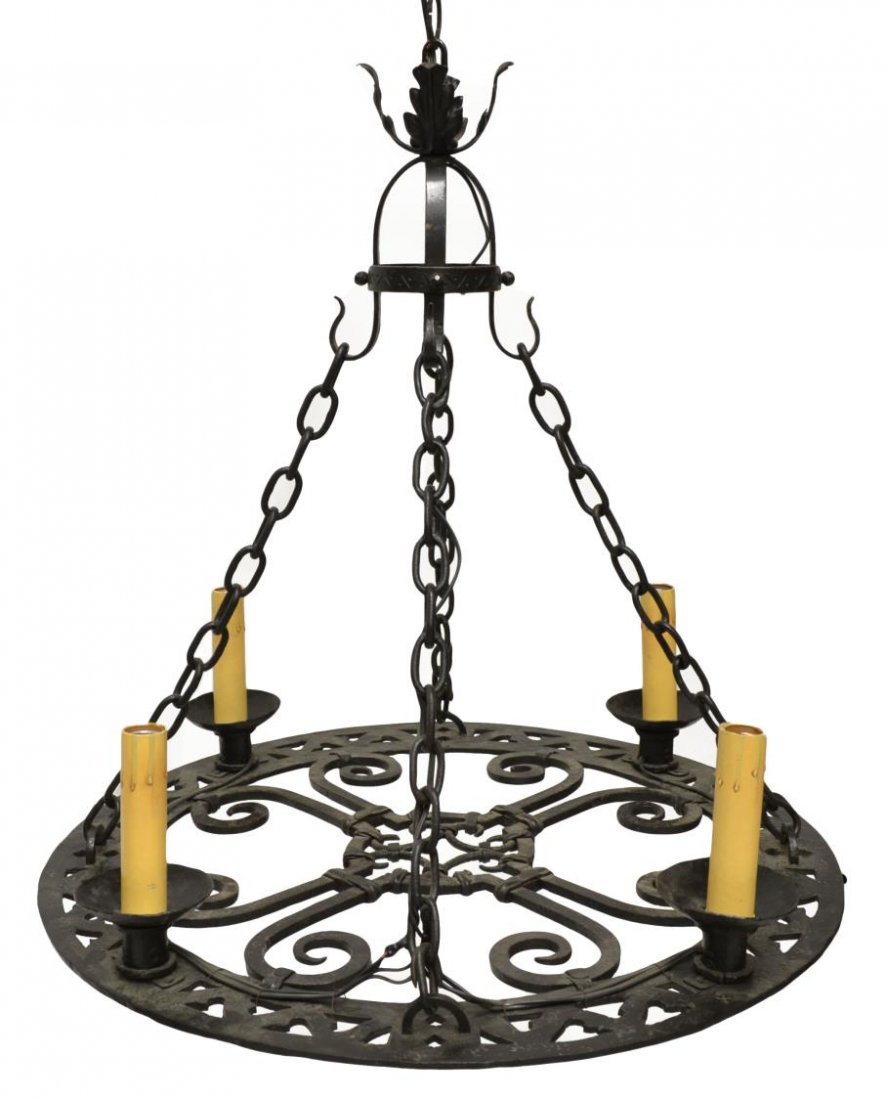 GOTHIC STYLE IRON FOUR-LIGHT CHANDELIER: Gothic style iron four-light chandelier, 19th c., a pierced circular ring of scrolling ornamentation mounted with four lights, foliated cup, approx 26"h, 28"w *Provenance: From the estate of Don Yarto