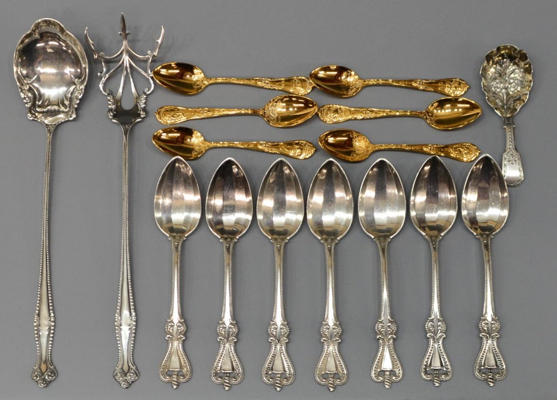 (16) COLLECTION STERLING SILVER FLATWARE & ITEMS: (lot of 16) Collection of sterling silver serviceware: (7) Towle 'Old Colonial' spoons having paneled bowls, 6.5"l; (6) Gorham gilded demitasse spoons, Zodiac signs including Aries, Taurus, Cancer, Le