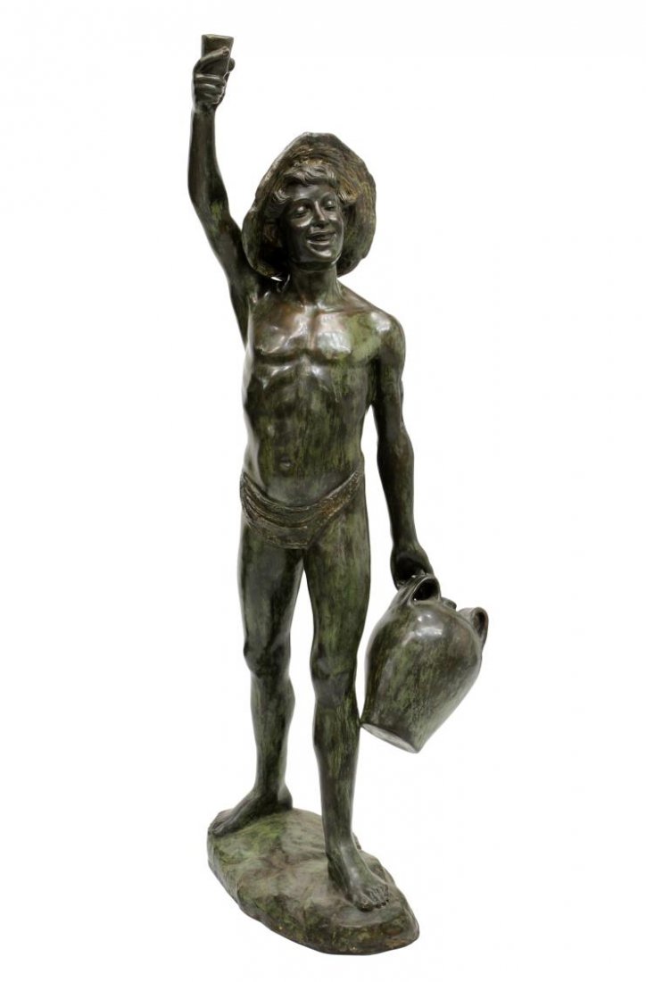 LARGE BRONZE SCULPTURE, A YOUTHFUL BACCHUS, 65"H: Bronze sculpture depicting a youth in a hat holding a jug of wine in one hand and toasting with a cup in the opposite hand, 65.75"h, 19"w, 25.5"d *Provenance: Estate of Sam Sitterle (San Antonio, Texa