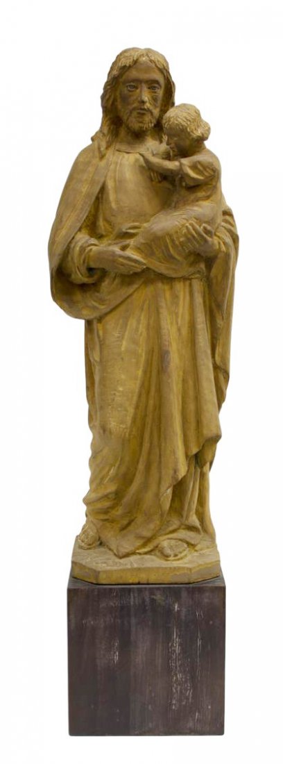 ANTIQUE RELIGIOUS STATUE, JOSPEH & CHRIST CHILD: Religious carved wood figural group, 19th c., modeled as Joseph clad in heavy drapery holding the Christ Child, Joseph inset with glass eyes, remnants of paint, on a contrasting later wood base, loss 
