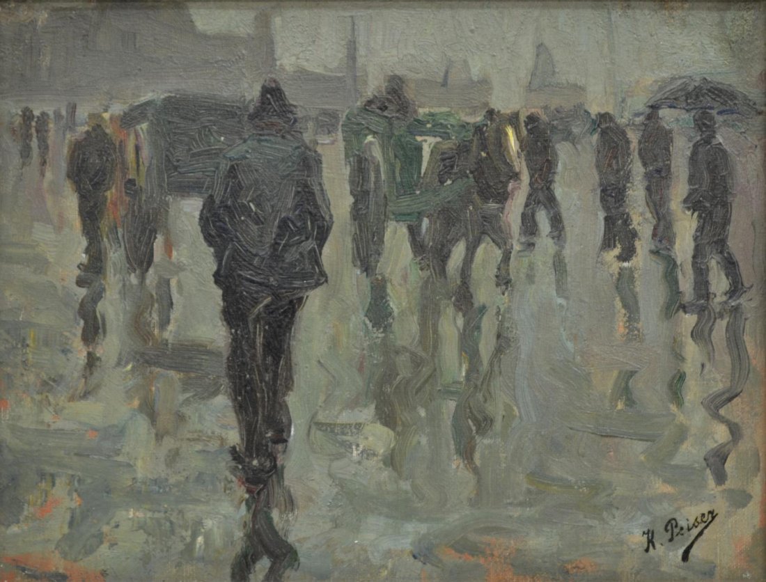 PAINTING, WALKING SHADOWS, KURT PEISER (1887-1962): Framed oil painting on canvas, Walking Shadows, signed lower right K. Peiser (Kurt Peiser, Belgium, 1887-1962), sight: 8.75"h, 11.75"w, overall: 15"h, 18"w, 4.25lbs Start Price: $500.00
