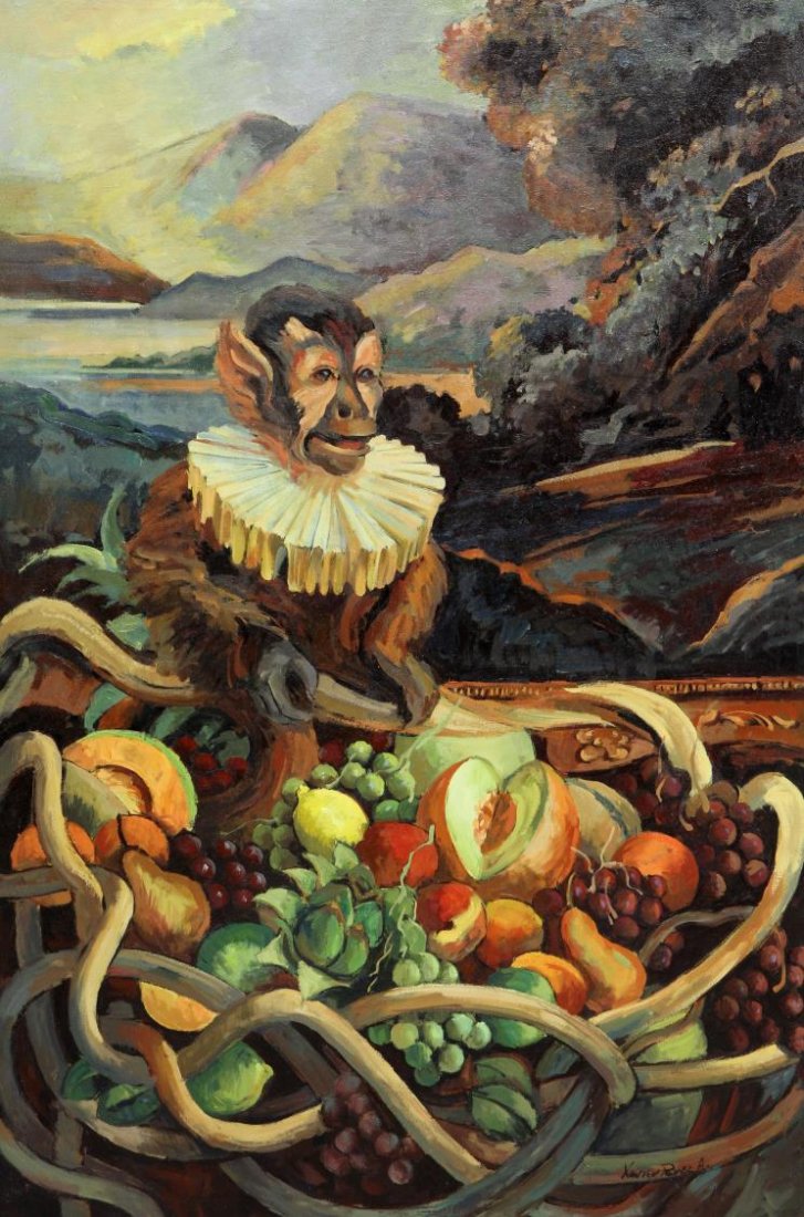 LARGE SIGNED PAINTING, MONKEY & FRUIT: Framed oil painting on canvas, Monkey with Fruit, signed lower right Xavier Perez A., San Antonio, Texas gallery tag on verso, sight: 57.75"h, 38.5"w, overall: 63"h, 43.75"w, 15.75lbs *Provenance: Est