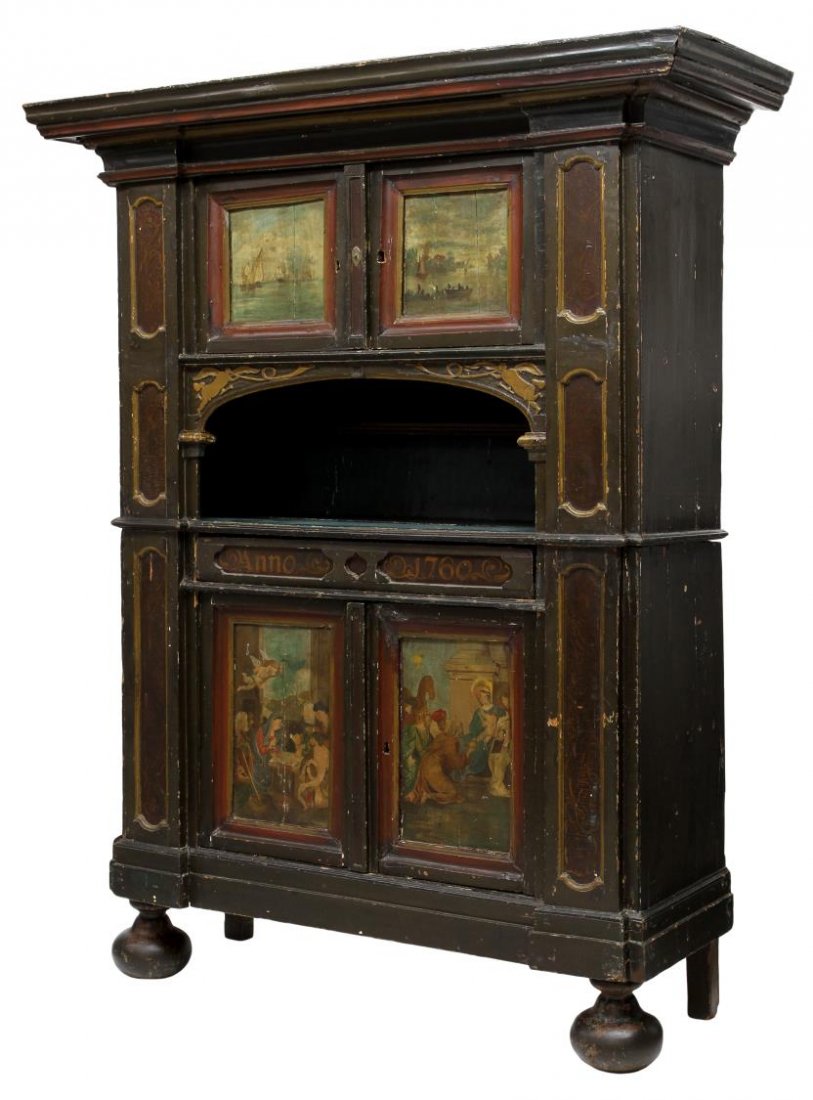 DUTCH 18TH C. POLYCHROME CABINET, RELIGIOUS SCENES: Dutch polychrome parcel gilt cabinet, 18th c., a stepped cornice over two doors with hand painted scenes including ships and fishermen, the open central work surface below gilded trumpeting angels and
