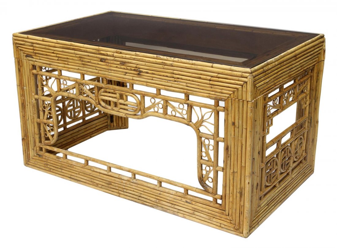 LARGE BAMBOO TABLE: Large bamboo display table, desk, late 20th c., rectangular, a glass top with open work sides and front, the top hinged, 31"h, 56.25"w, 32.5"d Start Price: $80.00