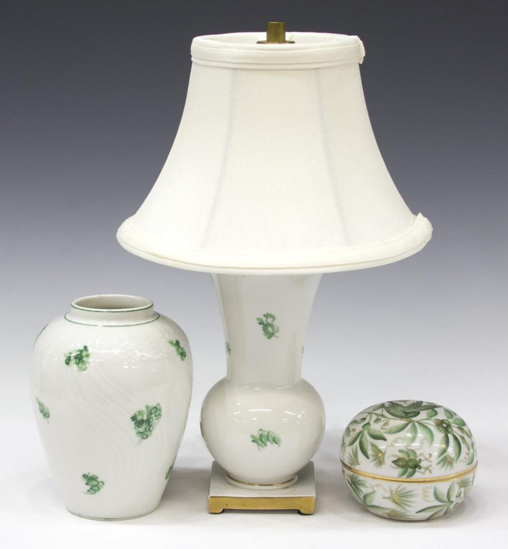 (4) HEREND PORCELAIN TABLE ARTICLES, ZOVA & OTHERS: (lot of 4) Herend porcelain table articles: (1) baluster form table lamp, green flowers on a white ground, possibly Chinese Bouquet, parcel gilt, some wear to gilding, weighted, impressed Herend, base