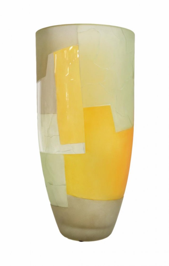 CONTEMPORARY SAND BLASTED ART GLASS VASE, R. ODOM: Contemporary sand blasted art glass vase, signed R. Odom 2000 (Rebecca Odom, Texas, d. 2003), clear and frosted glass with textured surface and applied amber, light green and grey color pigments, appr