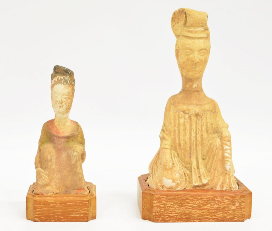 (2) CHINESE TANG DYNASTY SEATED ATTENDANT FIGURES: (lot of 2) Tang ceramic female attendant funerary figures, the first straw glazed, the second with pigment accents, largest figure: 6.76"h, on base: 7.75"h, smallest figure: 4.75"h, on base: 5.5"h, 1.