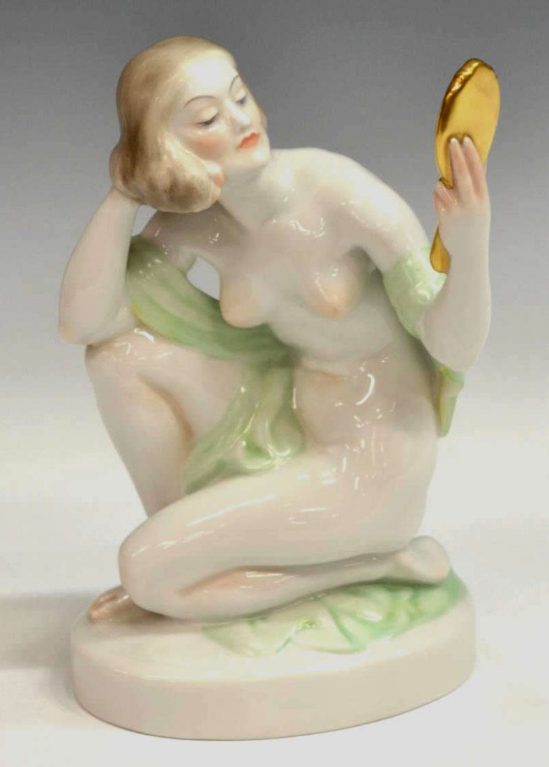 HEREND PORCELAIN FIGURE, NUDE & MIRROR, SIGNED: Herend porcelain figure, Draped Nude with Hand Mirror, signed Szilagyi Nagy Istavan by foot on oval base, Hungary, mark and impressions underfoot, 9.5"h, 5.5"w, 2lbs Start Price: $100.00