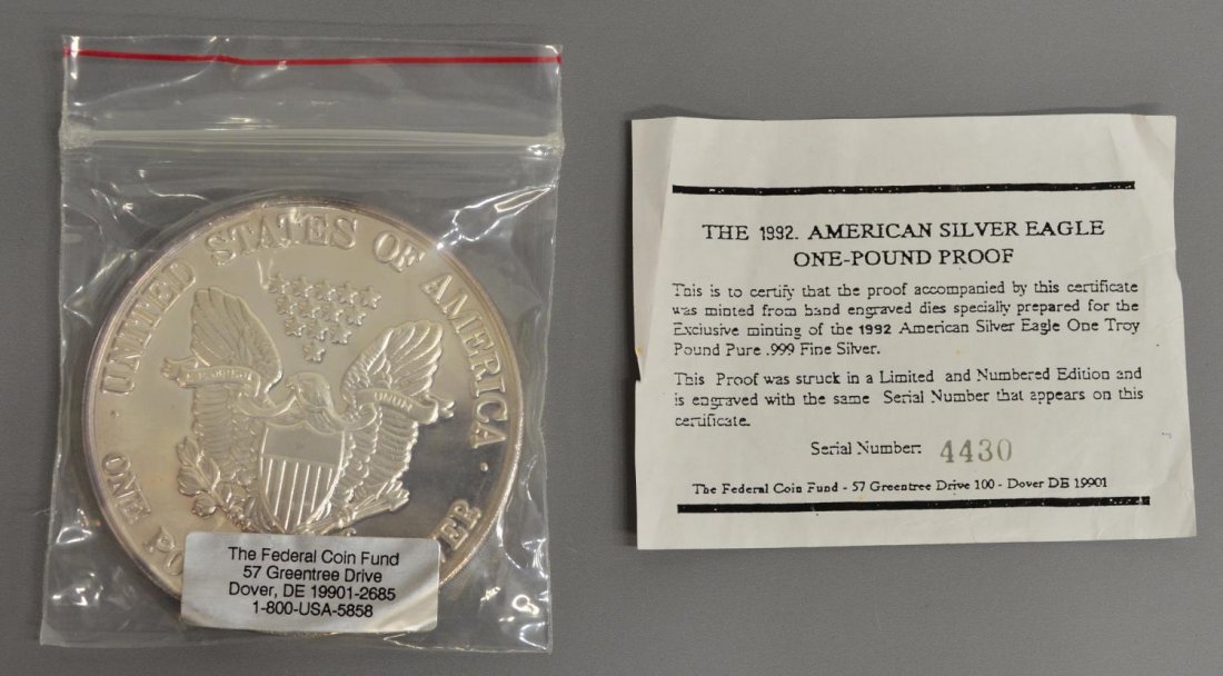 ONE TROY POUND PROOF SILVER EAGLE, .999 SILVER: American Silver Eagle One Pound Proof, in original pouch by The Federal Coin Fund, a 1992 limited edition with certificate and 'coin' bearing the same number 4430, described as one troy pound .999 sil