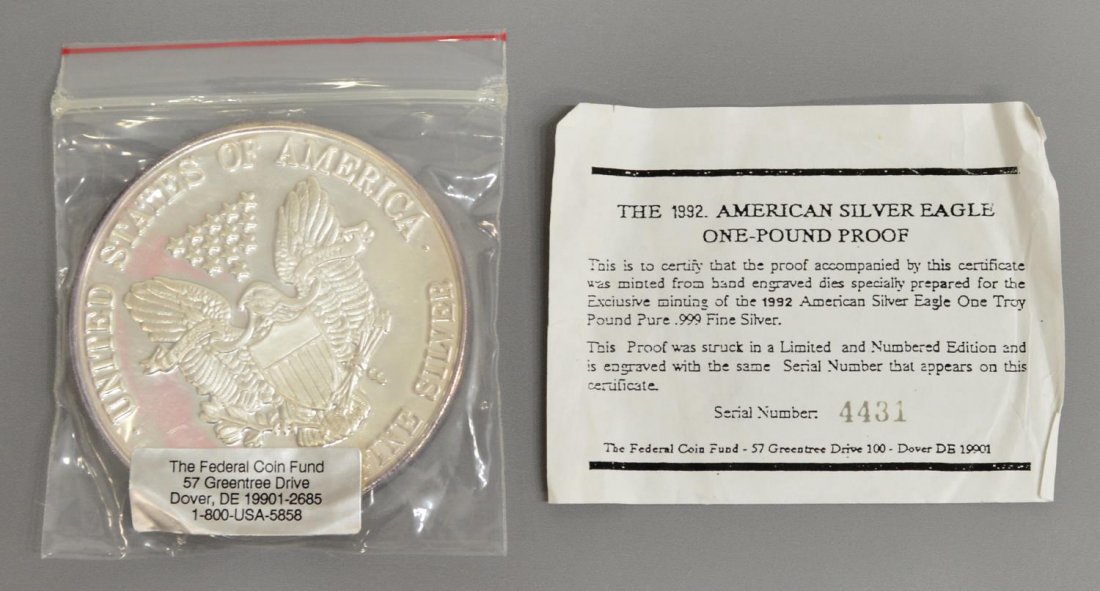 ONE TROY POUND PROOF SILVER EAGLE, .999 SILVER: American Silver Eagle One Pound Proof, in original pouch by The Federal Coin Fund, a 1992 limited edition with certificate and 'coin' bearing the same number 4431, described as one troy pound .999 sil