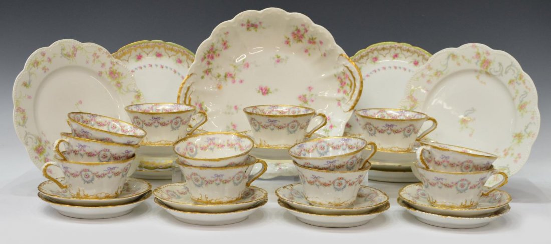 (31) FRENCH PORCELAIN DINNERWARE, POUYAT, HAVILAND: (lot of 31) Collection of French porcelain dinnerware, various makers and patterns, including: (23) Theodore Haviland Limoges, (twelve) teacups, 2.25"h, 4"diam and (eleven) saucers, 5.5"diam, floral a