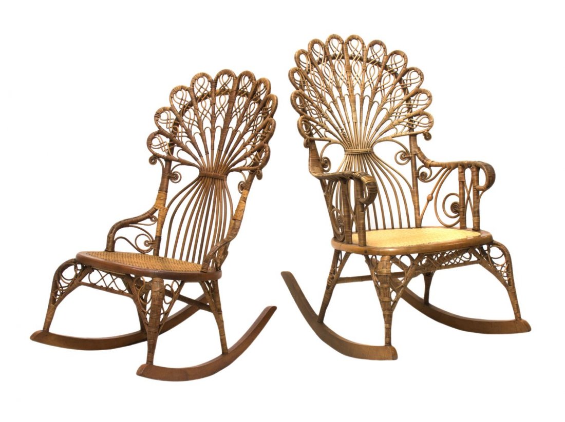 (2) HEYWOOD & MORRILL RATTAN ROCKING CHAIRS: (2) Wicker rocking chairs bearing the label of Heywood-Morrill Rattan Company, Chicago, c. 1890., having scrolled wicker decoration over a caned seat, in good overall condition, never painted, one wit