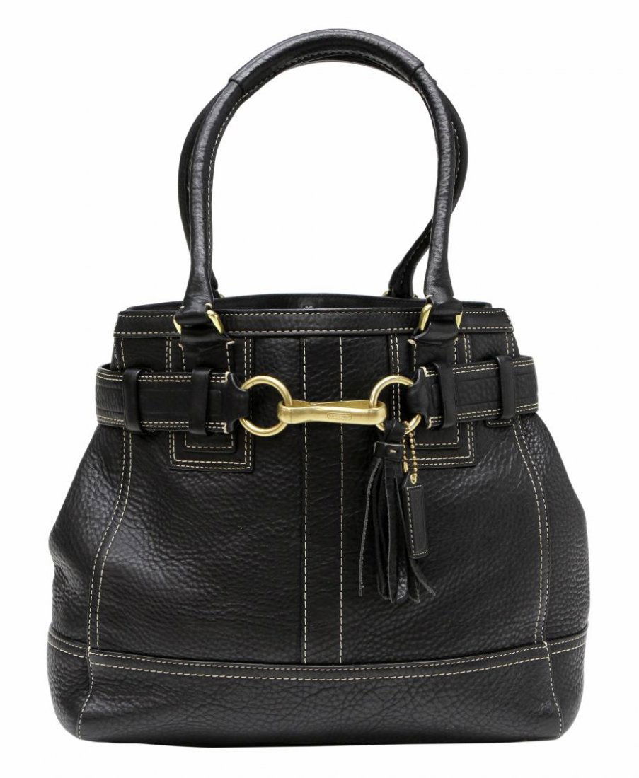 COACH BLACK GRAINED LEATHER SHOULDER BAG: Coach black grained leather shoulder bag with gold tone hardware, black interior lining with two cell pockets and zipper pocket, bag: approx 10.5"h, 14"w, 5.5"d, 2.25lbs Start Price: $150.00