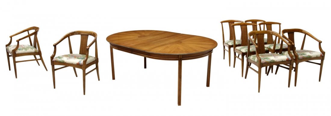 (9) THOMASVILLE DINING TABLE, LEAVES, CHAIRS: (lot of 9) Thomasville Tamerlane dining furniture: (1) circular top dining table with two 12" leaves rising on squared legs, with leaves: 72"l, without leaves: 29.25"h, 48" diameter; (8) chairs in two