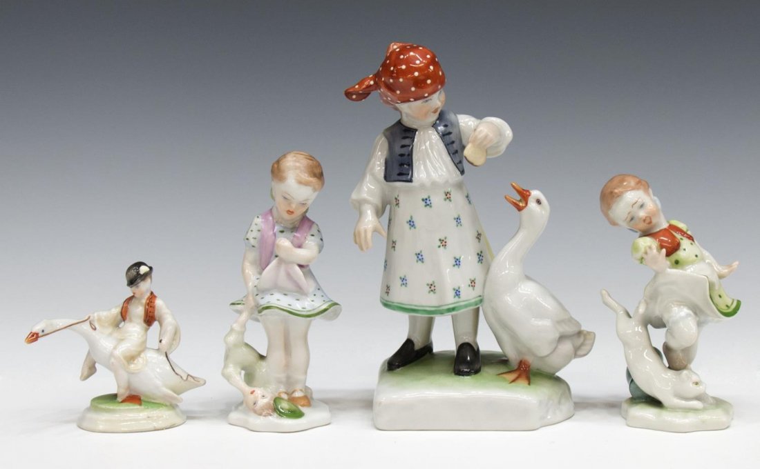 (4) COLLECTION OF HEREND PORCELAIN FIGURES: (lot of 4) Herend porcelain figures, Hungary, comprising: (1) Girl with Cat, 4.75"h; (1) Girl with Broken Doll, 5.5"h; (1) Boy Riding Goose, some restorative paint to base, 3"h; (1) Girl Feeding Goose