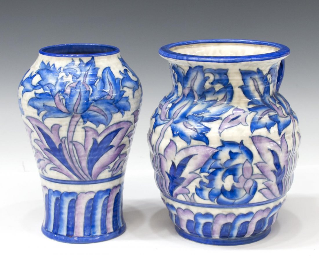 (2) CROWN DUCAL, CHARLOTTE RHEAD, 1930'S POTTERY: (lot of 2) Crown Ducal Blue Peony pattern pottery, late 1930's, designed and signed by Charlotte Rhead (British, 1885-1947): vase with handle, 8"h, 7" diameter; (1) 8"h, 5" diameter, total: 3.75lbs St