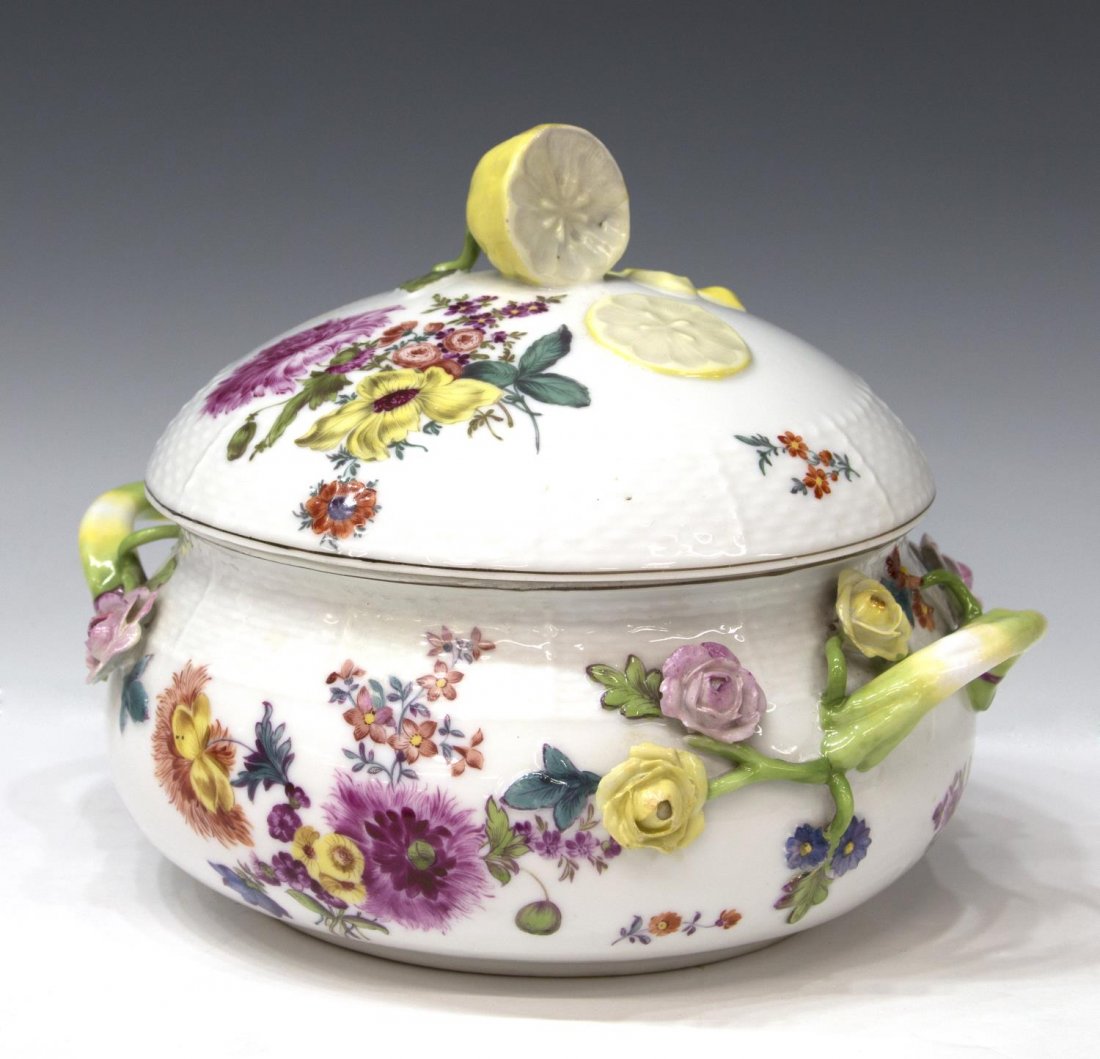 HEREND FLORAL DECOR PORCELAIN COVERED DISH: Hungarian porcelain covered service dish, Herend, a profusion of handpainted flowers, applied roses in relief with some chipping to petals, vine handles, the cover under a lemon form finial, 6.5"h, 7.