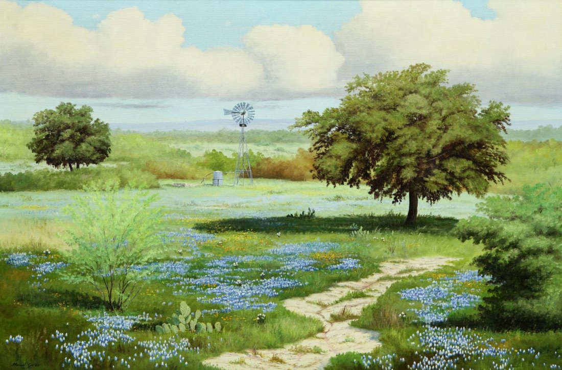 PAINTING, MANUEL GARZA, TEXAS BLUEBONNETS: Framed oil painting on canvas, Texas Bluebonnets Ranch Scene, signed lower left Manuel Garza (Texas, b. 1940), sight:23.25"h, 35.25"w, overall: 29.25"h, 41.25"w, 12.25lbs Start Price: $600.00