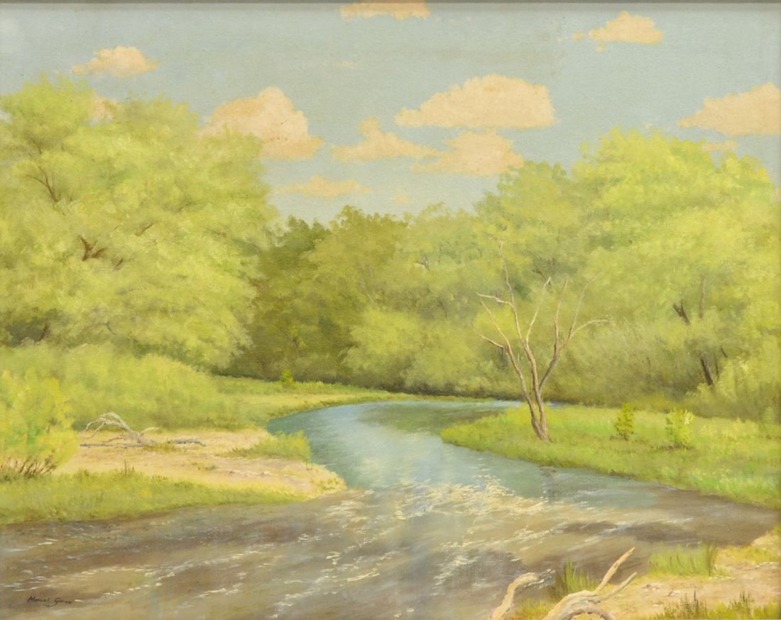 MANUEL GARZA PAINTING, TEXAS HILL COUNTRY RIVER: Framed oil painting on canvas, Hill Country River, signed, dated lower left Manuel Garza (Texas, b. 1940), sight: 15.5"h, 19.25"w, overall: 21.5"h, 25.5"w, 4.75lbs Start Price: $200.00