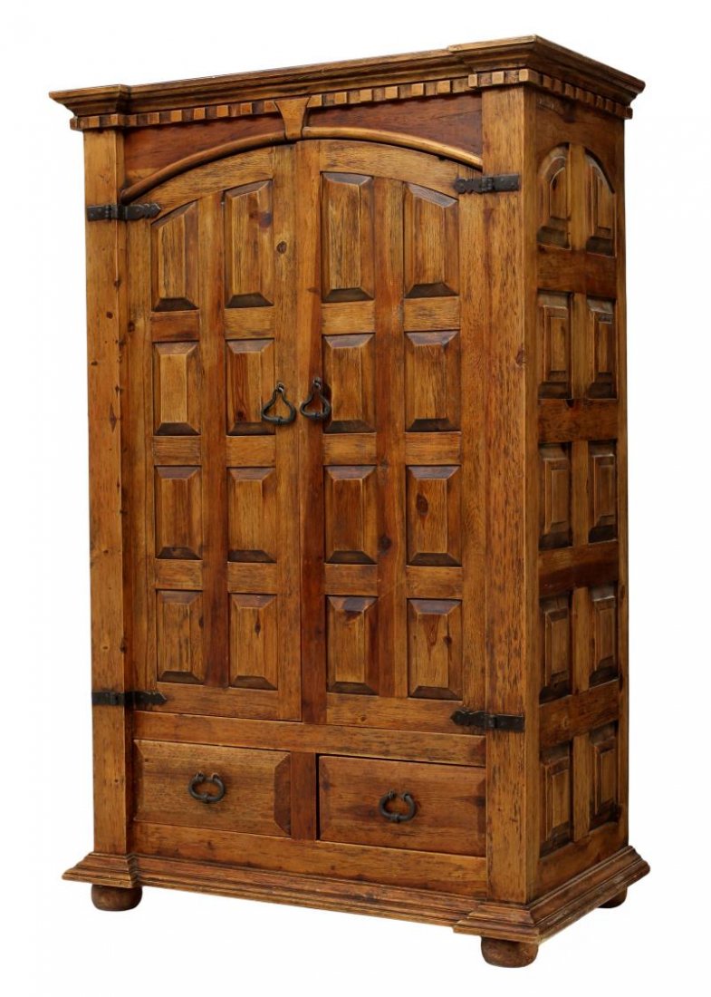 MEXICO PINE ENTERTAINMENT ARMOIRE: Pine entertainment armoire, Mexico, late 20th c., having a stepped cornice, two raised panel doors opening to adjustable height shelves, two lower drawers, rising on a conforming base with bun feet, 7