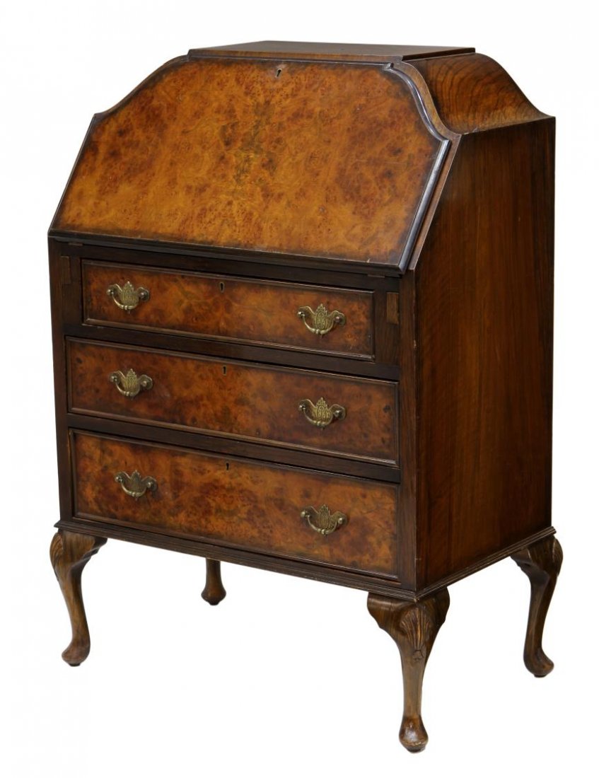 BRITISH SECRETARY BUREAU: British burl walnut bureau, c. 1940's, having a drop front opening to an inset leather writing surface and fitted gallery, three lower exterior drawers, all rising on cabriole legs, 42.75"h, 31"w, 18.