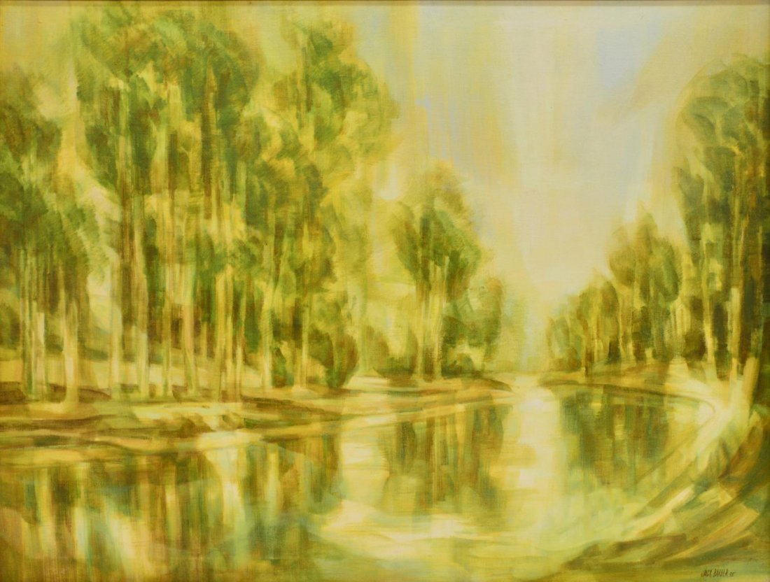 JACK BARBER, TEXAS, RIVER, PAINTING ON CANVAS: Framed oil painting on canvas, "River", signed and dated lower right corner, Jack Barber (Jack Loeza Barber, San Antonio, 20th c.), sight: 29.5"h, 39.75"w, overall: 30.5"h, 40.75"w, 4.5lbs *: Noted fo