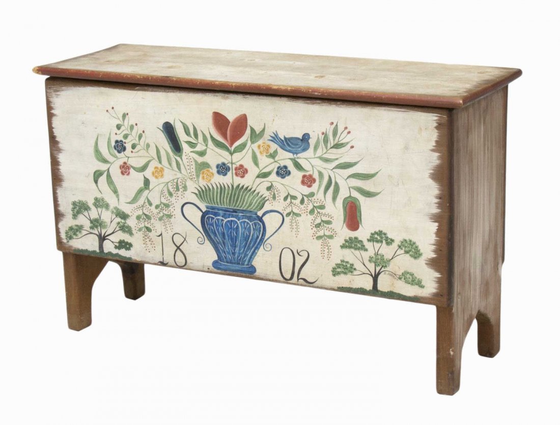 PENNSYLVANIA DUTCH DECORATED BENCH: Pennsylvania Dutch polychrome decorated bench, 20th c., a hinged seat opening to storage, rising on squared legs, 23.25"h, 38"w, 13.25"d Start Price: $100.00