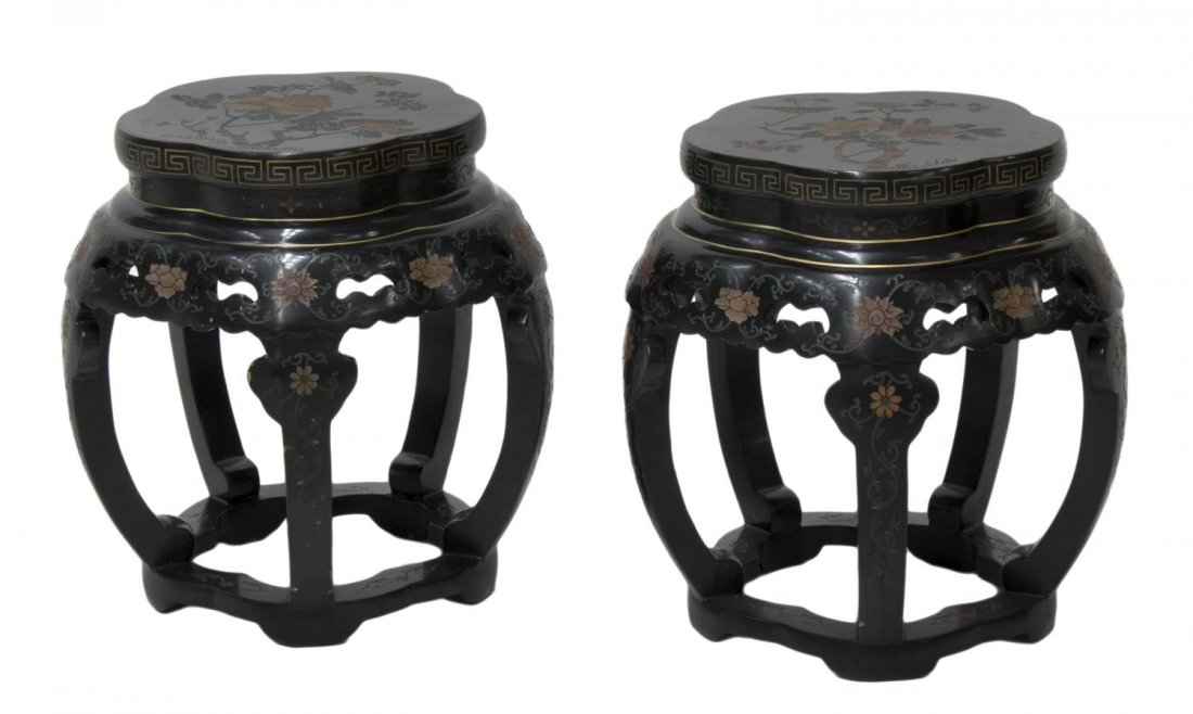 (2) CHINESE BLACK LACQUER & POLYCHROME STOOLS: (lot of 2) Chinese black lacquer stools, 20th c., each with polychrome foliate and floral decoration, approx: 18.25"h, 17.75"w, 17.75"d Start Price: $80.00
