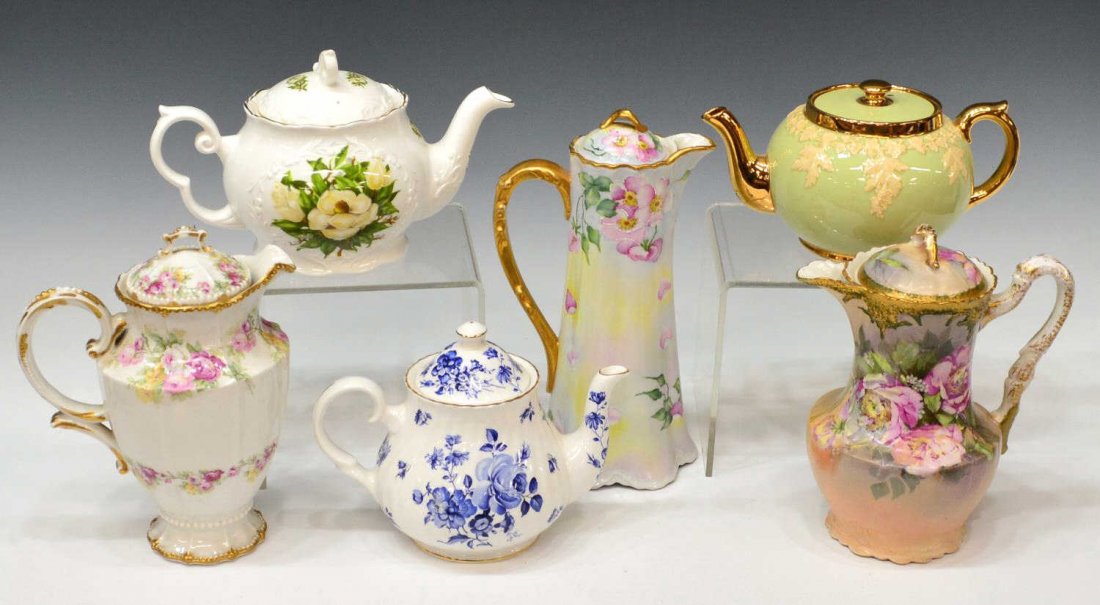 (6) GROUP PORCELAIN TEA, COFFEE & CHOCOLATE POTS: (lot of 6) Collection of mostly English and Continental porcelain tea and coffee pots and a chocolate pot, various styles and makers, hand and transfer decorated floral detail, (2) Limoges examples, (
