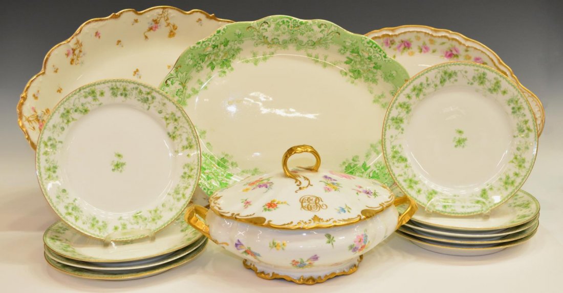 (13) FRENCH & ENGLISH PORCELAIN TRAYS, DISHES: (lot of 13) Collection of French porcelain table and serviceware, including: (9) CA Field dessert plates, Haviland, Limoges, each circular plate decorated with green flowers on a white ground, wear to