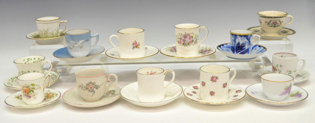 DANBURY MINT CUPS AND SAUCERS OF THE WORLD: (13 cups and saucer sets) Collection of Danbury Mint teacup and saucers from the 'Cups and Saucers of the World's Great Porcelain Houses', marked on base of both cup and saucer, retaining certificate