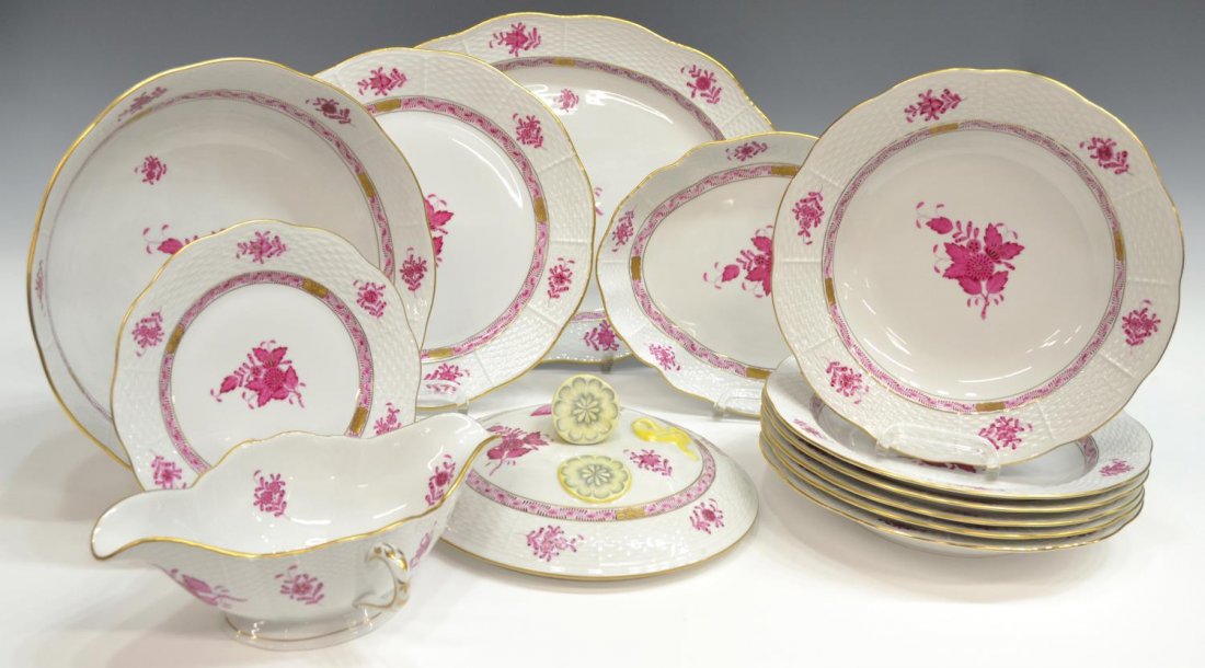 (13) HEREND PORCELAIN CHINESE BOUQUET DINNERWARE: (set of 13) Herend porcelain dinnerware, 'Chinese Bouquet' pattern in raspberry, comprising: (1) dinner plate, 10.25"diam; (1) dessert plate, 7.5"diam; (6) shallow bowls, 9.75"diam; (1) gravy boat, 9.