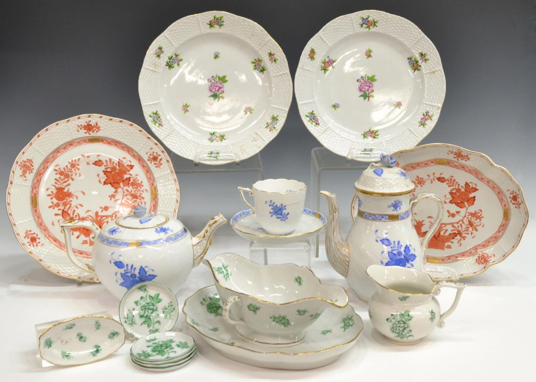 (16) HEREND PORCELAIN DINNERWARE, ASSORTED: (lot of 16) Collection of Herend porcelain dinnerware, assorted patterns, comprising: (3) dinner plates, two in 'Floral Works' pattern, one 'Indian Basket' pattern in orange, 10"diam; (group) blue 'In