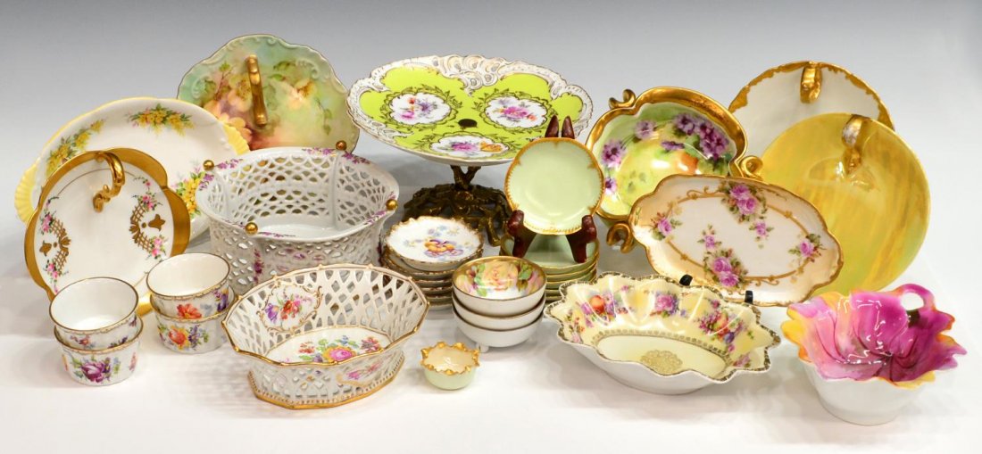 (33)COLLECTION PORCELAIN TABLEWARE & CABINET ITEMS: (lot of 33) Collection of porcelain tableware and cabinet items, assorted makers and marks, including (7) green and gilt Haviland individual salt dishes, (6) floral and gilt miniature salts, (4) flora