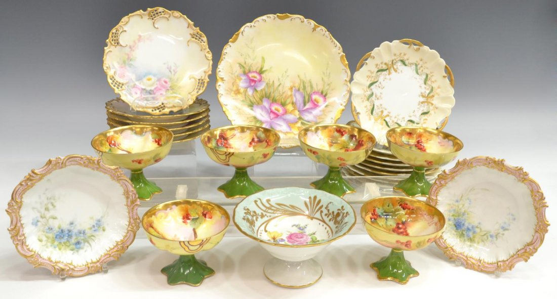 (26) ROSENTHAL, AUSTRIAN, LIMOGES PORCELAIN ITEMS: (lot of 26) Collection of mostly handpainted porcelain serviceware: (10) Rosenthal 'Lion D'ior' dessert or bread plates, some wear to gilding, 6"diam; (6) Austrian dessert plates, hand painted sprays 