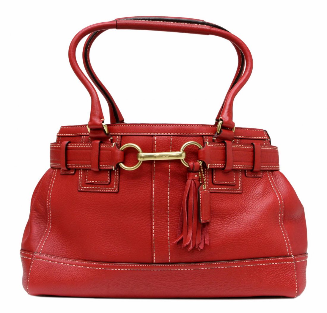 COACH RED GRAINED LEATHER,GILT METAL SHOULDER BAG: Coach red leather shoulder bag with gold tone hardware, red interior lining with two cell pockets and zipper pocket, bag: approx 9.5"h, 15.5"w, 6"d, 2.75lbs Start Price: $150.00