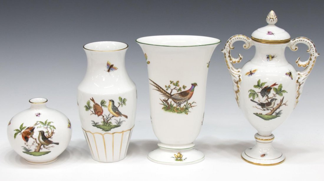 (4) HEREND PORCELAIN CABINET & TABLE ARTICLES: (lot of 4) Collection of Hungarian hand painted porcelain articles in various forms and patterns, Herend, including : (3) in 'Rothchild Bird' pattern, one covered double handle urn with acorn finial,