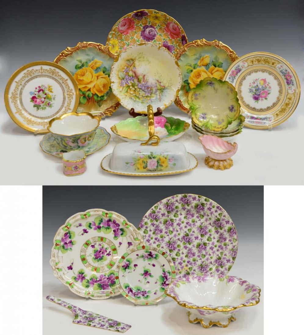 (20) LIMOGES & OTHER PORCELAIN CABINET & TABLEWARE: (lot of 20) Collection of porcelain tableware and decorative items, floral motifs, varied sizes, shapes, marks, and makers, comprising: (1) handled Limoges dish, signed by artist, 7.5”l; (1) Limoges