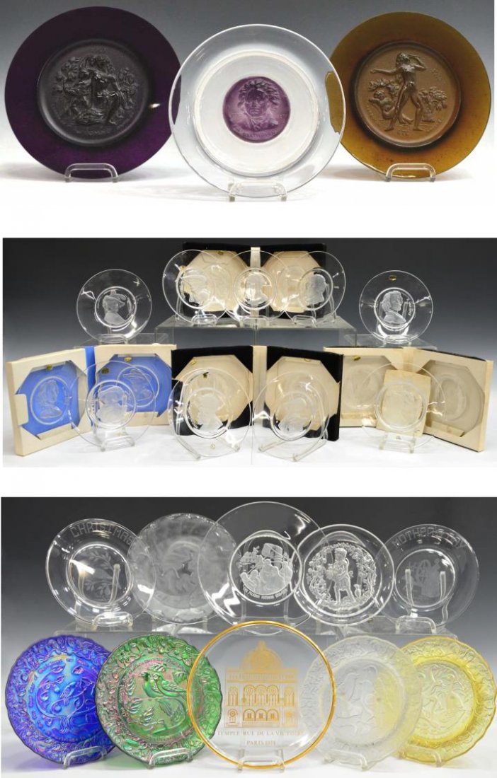 (30) DAUM, VAL ST. LAMBERT ART GLASS CABINET PLATE: (lot of 30) Daum art glass pate de verre limited edition collectors plates by Raymond Corbin (French, 1907-2002), including (1) "L'Automne", of the "Four Seasons" series, edition number 902/2000; (1) 